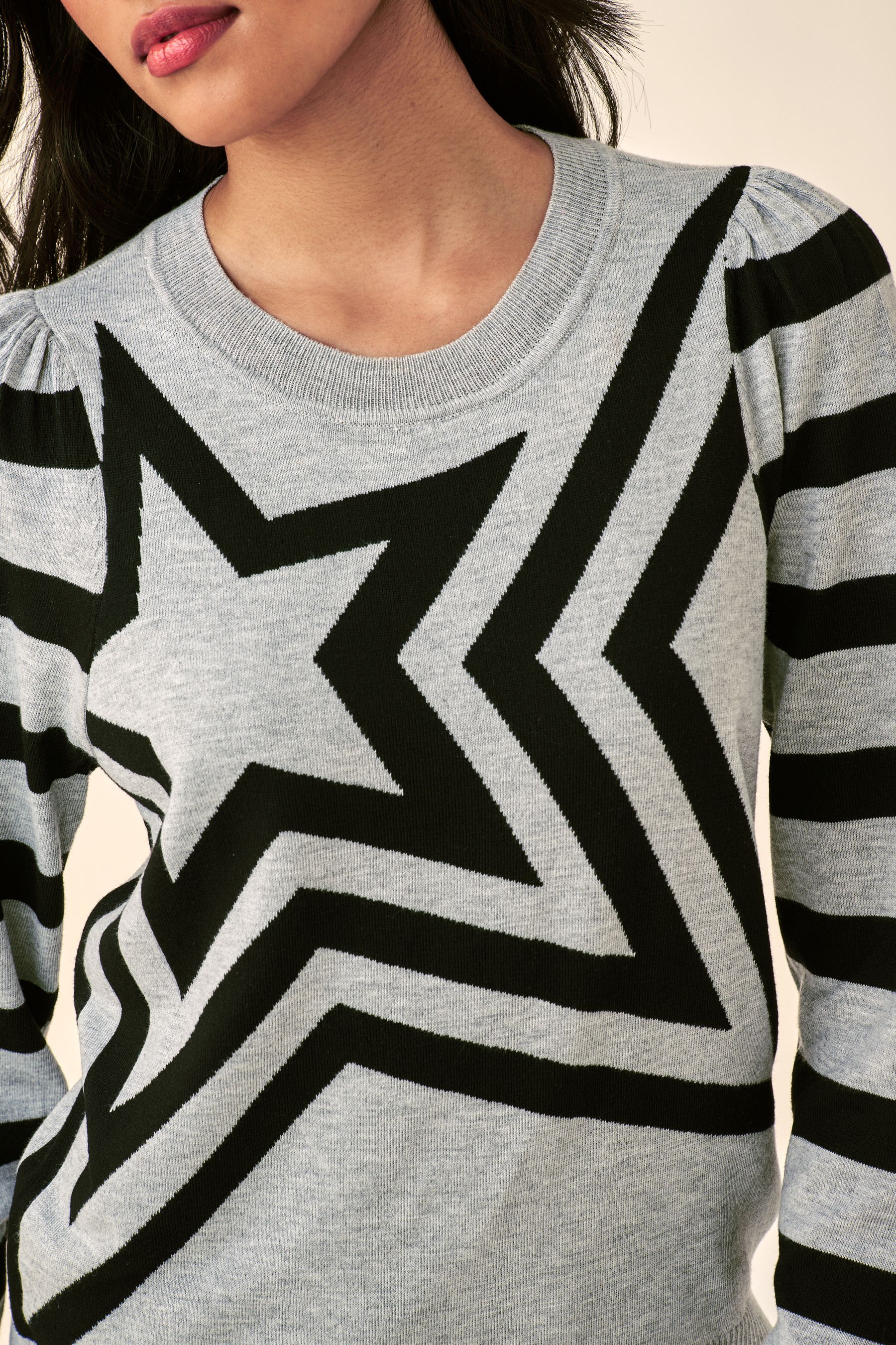 Buy Grey Black Star Crew Neck Long Sleeve Pattern Knitted Jumper from the Next UK online shop