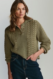 Khaki Green Knitted Polo Neck 100% Cotton Top - Image 1 of 7