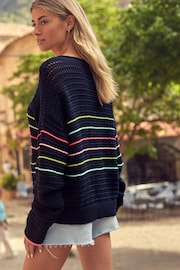 Navy Blue Rainbow 100% Cotton Stripe Stitch Detail Pocket Jumper - Image 2 of 8