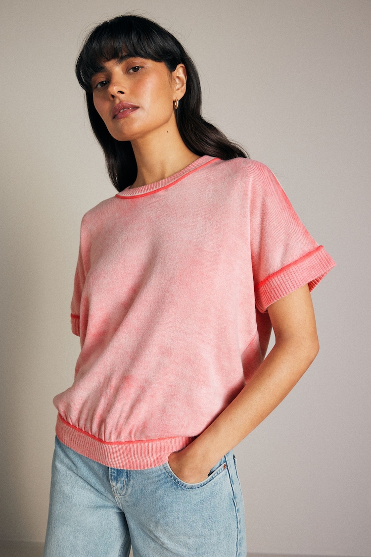 Pink Knitted Crew Neck Short Sleeve Top - Image 1 of 6