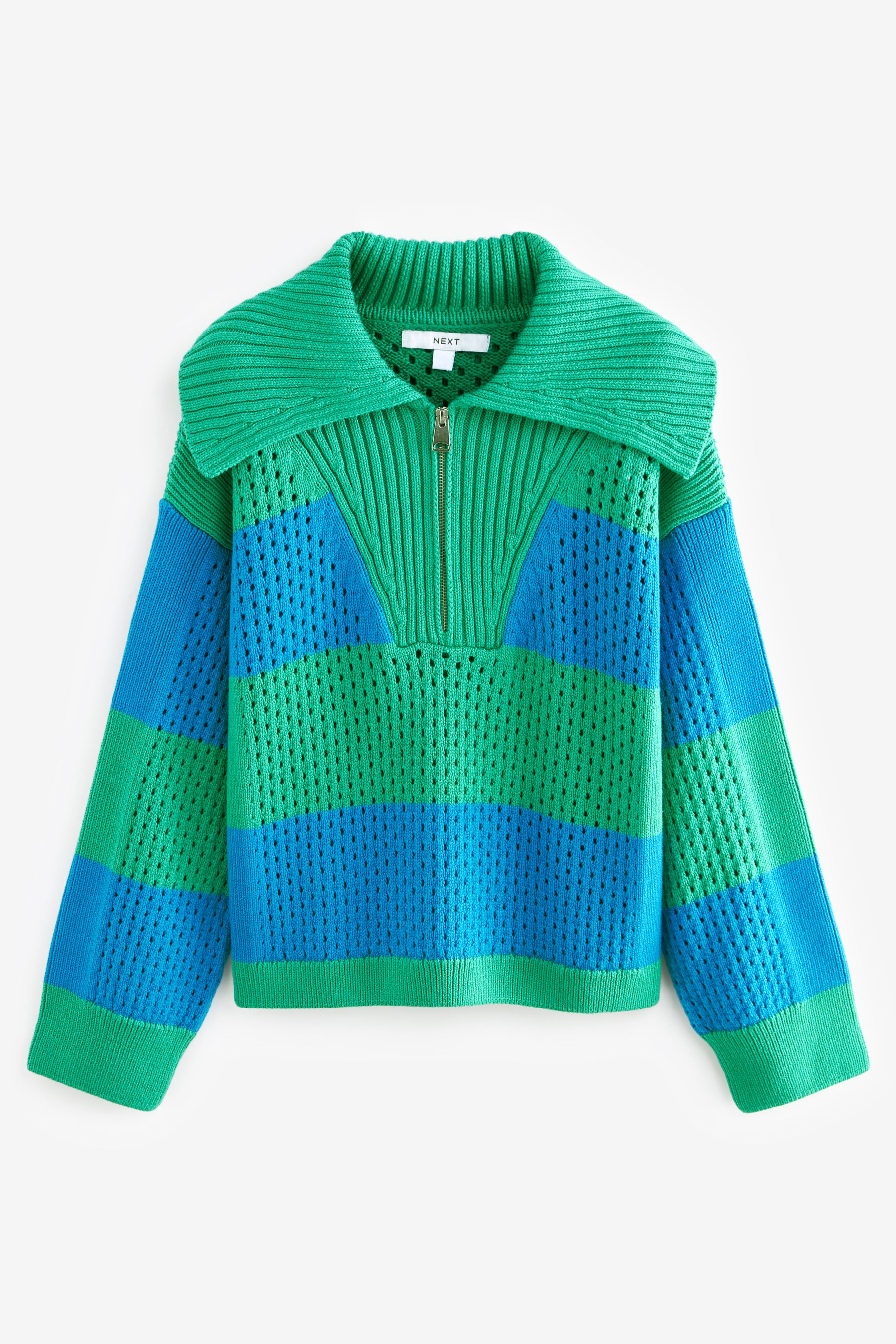 Bright Green and Blue Stripe Open Stitch Mesh Zip Neck Collar Jumper