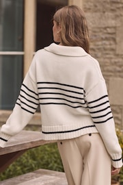 Ecru White Stripe Premium 100% Cotton Fly Collar Jumper - Image 4 of 7