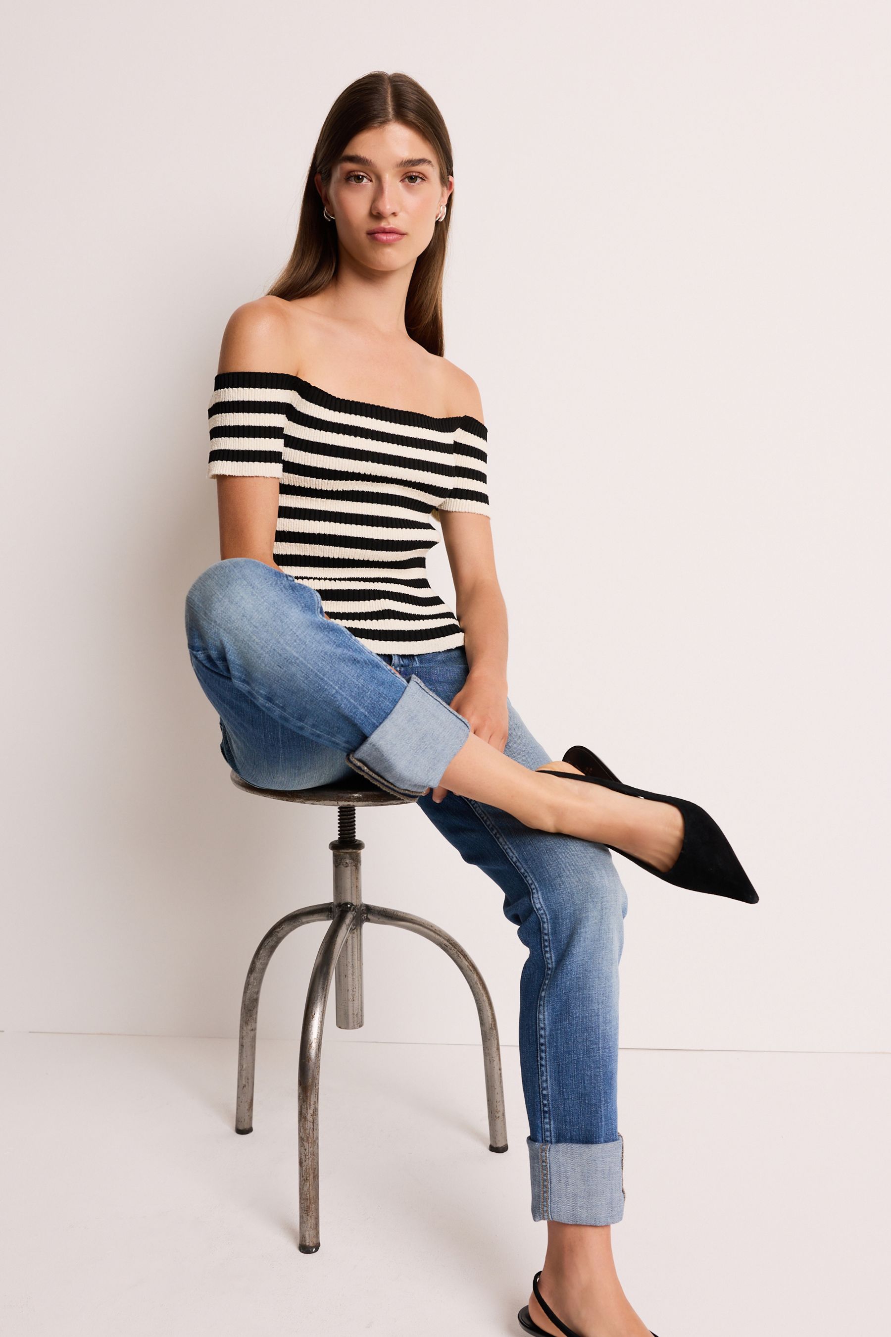 Black and white bardot top best sale