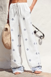 White Embroidered Wide Leg Trousers With Linen - Image 2 of 5