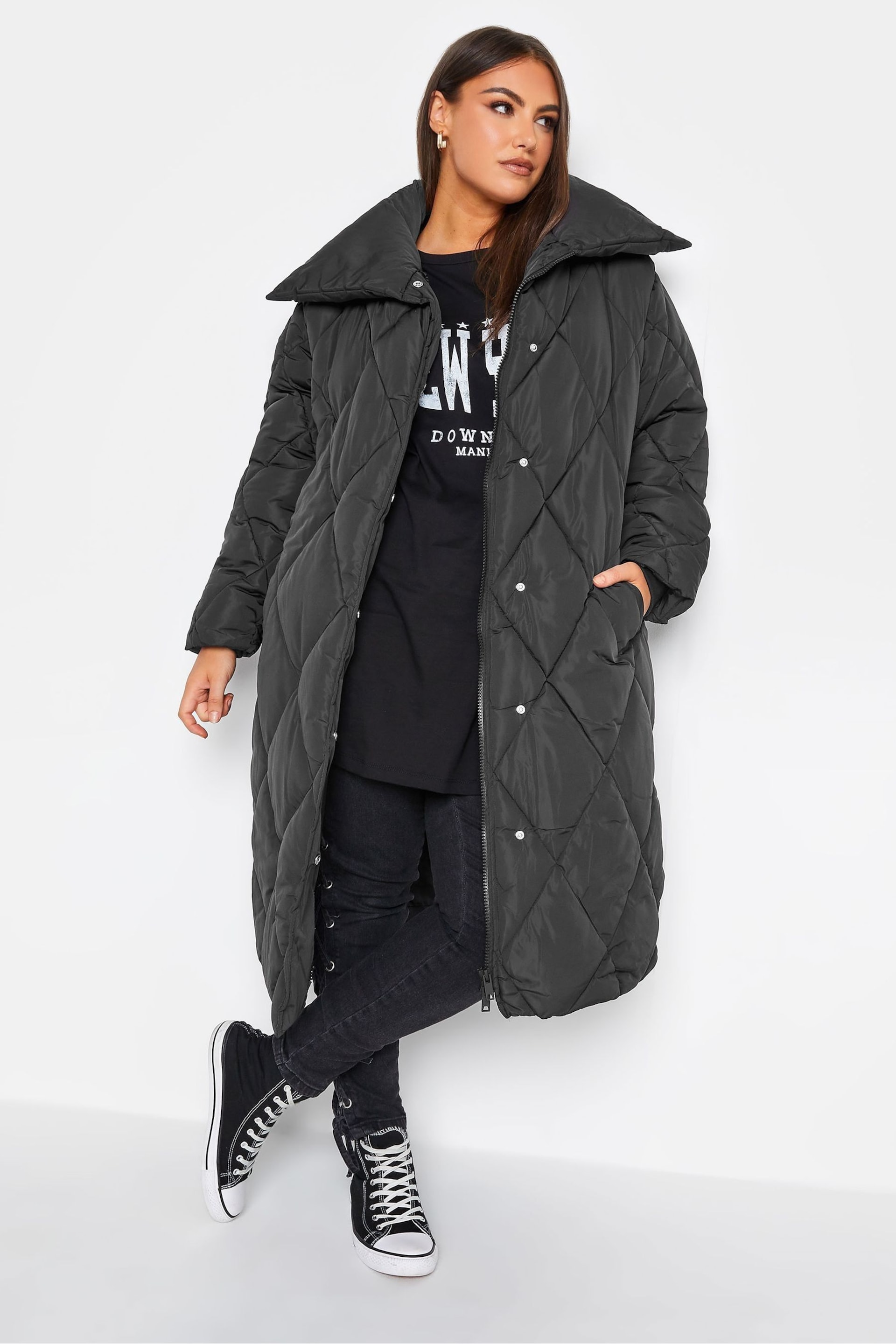 Yours Curve Black Diamond Quilted Puffer Coats - Image 1 of 4