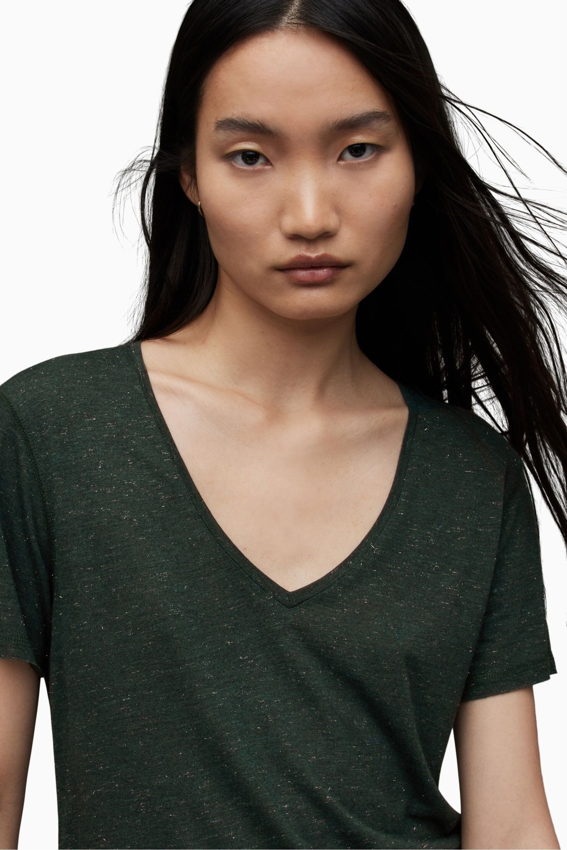 AllSaints Green Emelyn Shimmer T-Shirt - Image 5 of 6