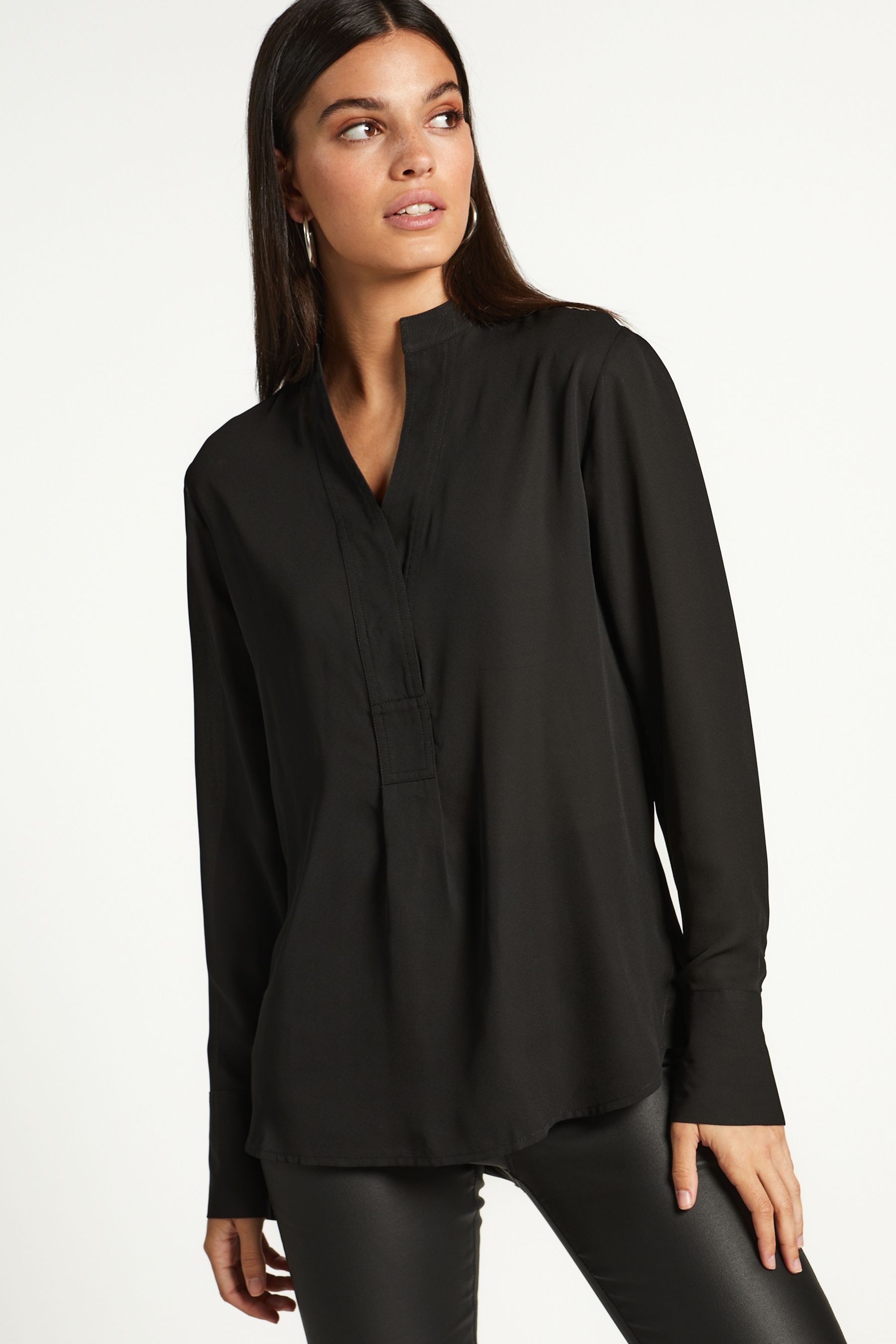 Black Long Sleeve Overhead V Neck Relaxed Fit Blouse