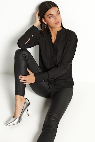 Black Long Sleeve Overhead V-Neck Relaxed Fit Blouse