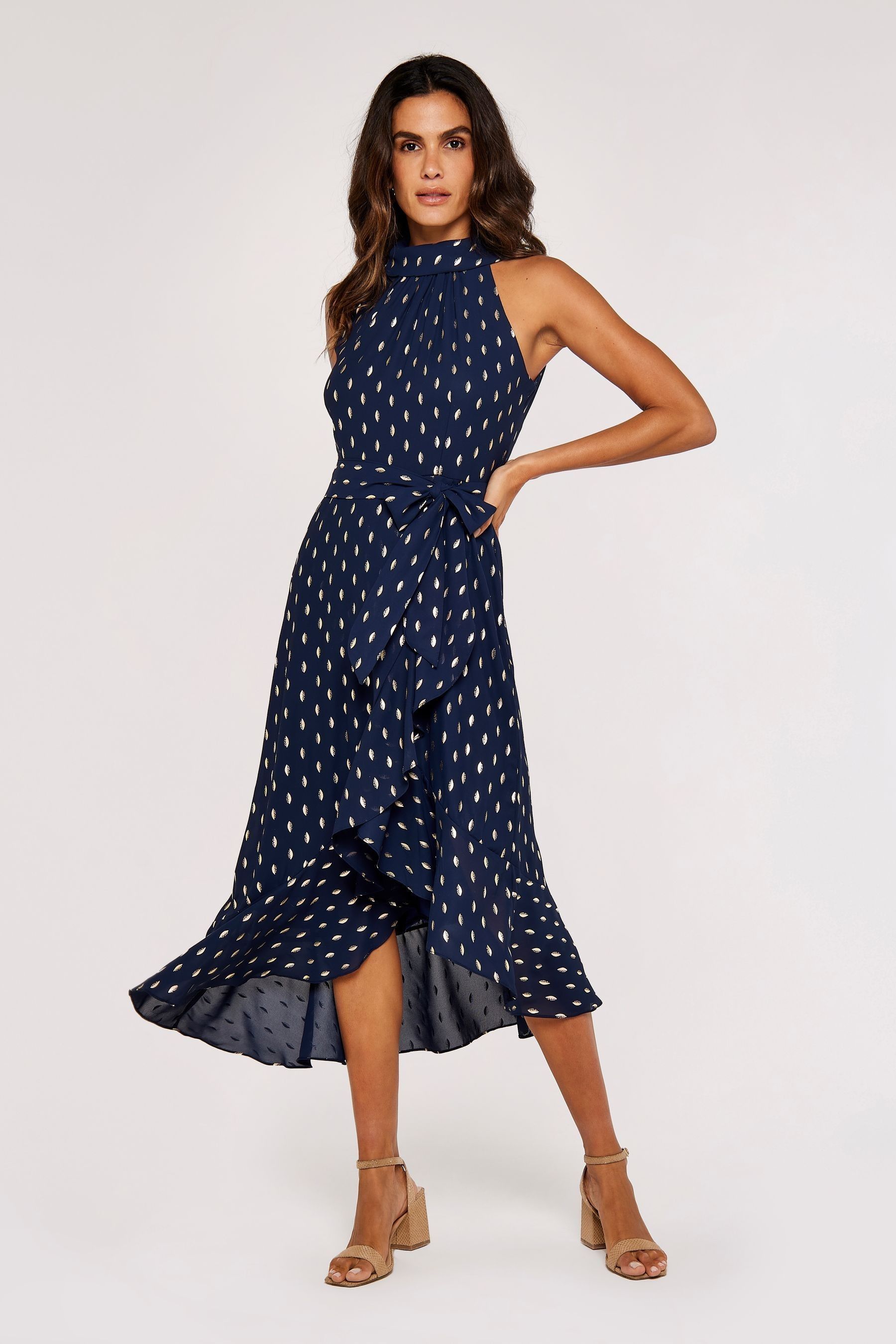 Buy Apricot Navy Blue Oval Halter Neck Ruffle Dress from the Next