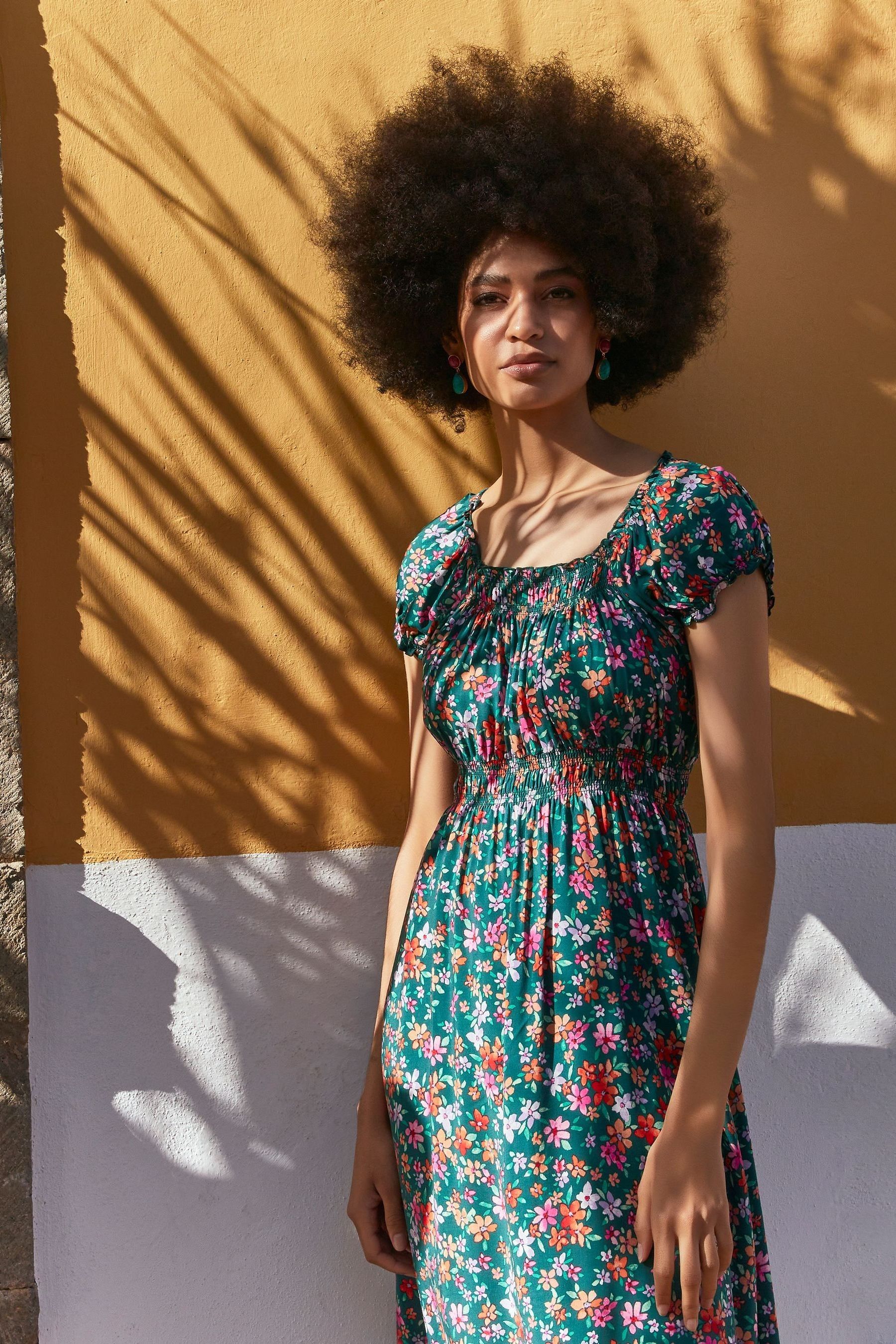 Buy Apricot Green Multi Ditsy Floral Print Milkmaid Midi Dress from the Next UK online shop