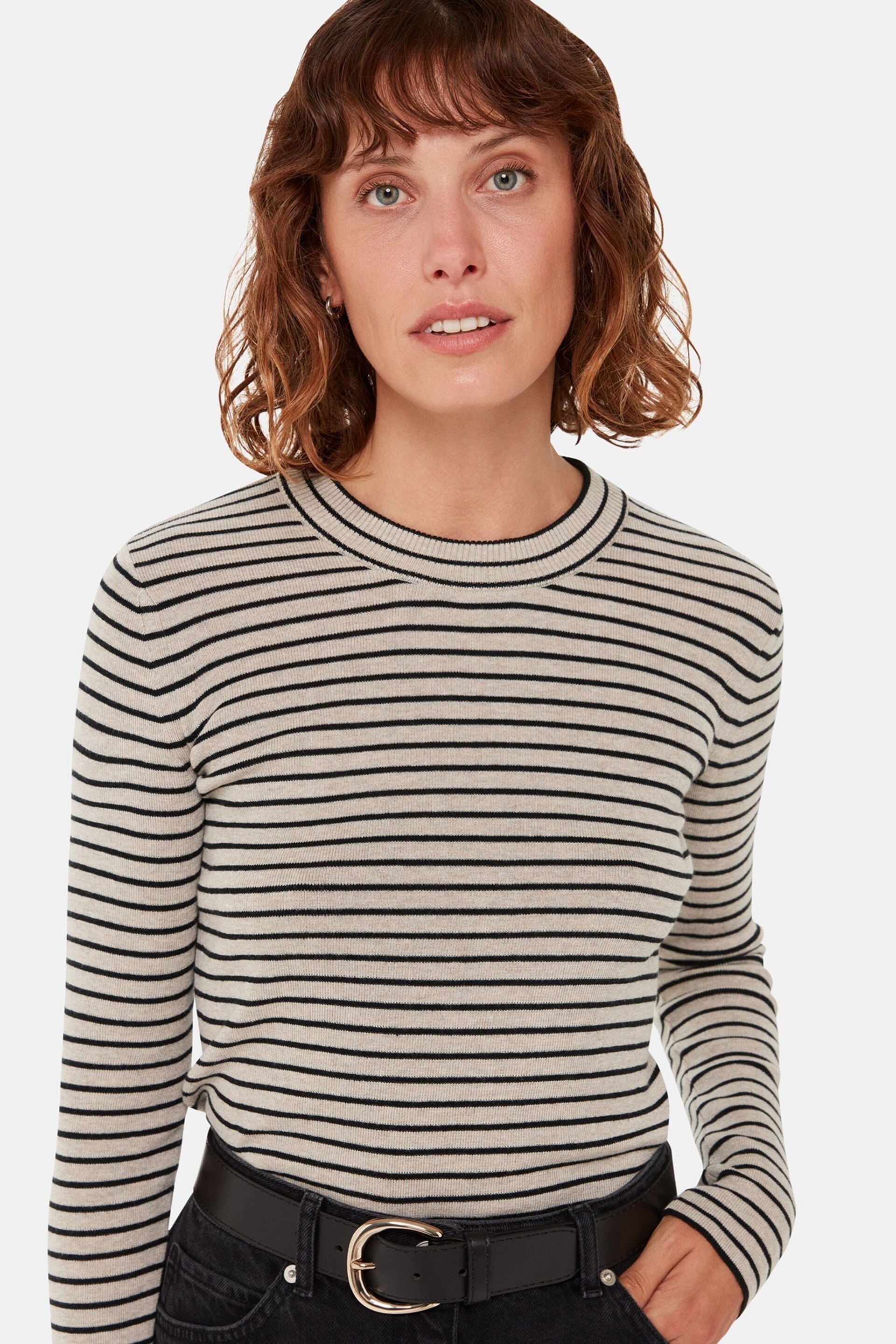 Whistles Fine Crew Stripe Knit Black Jumper - Image 1 of 5