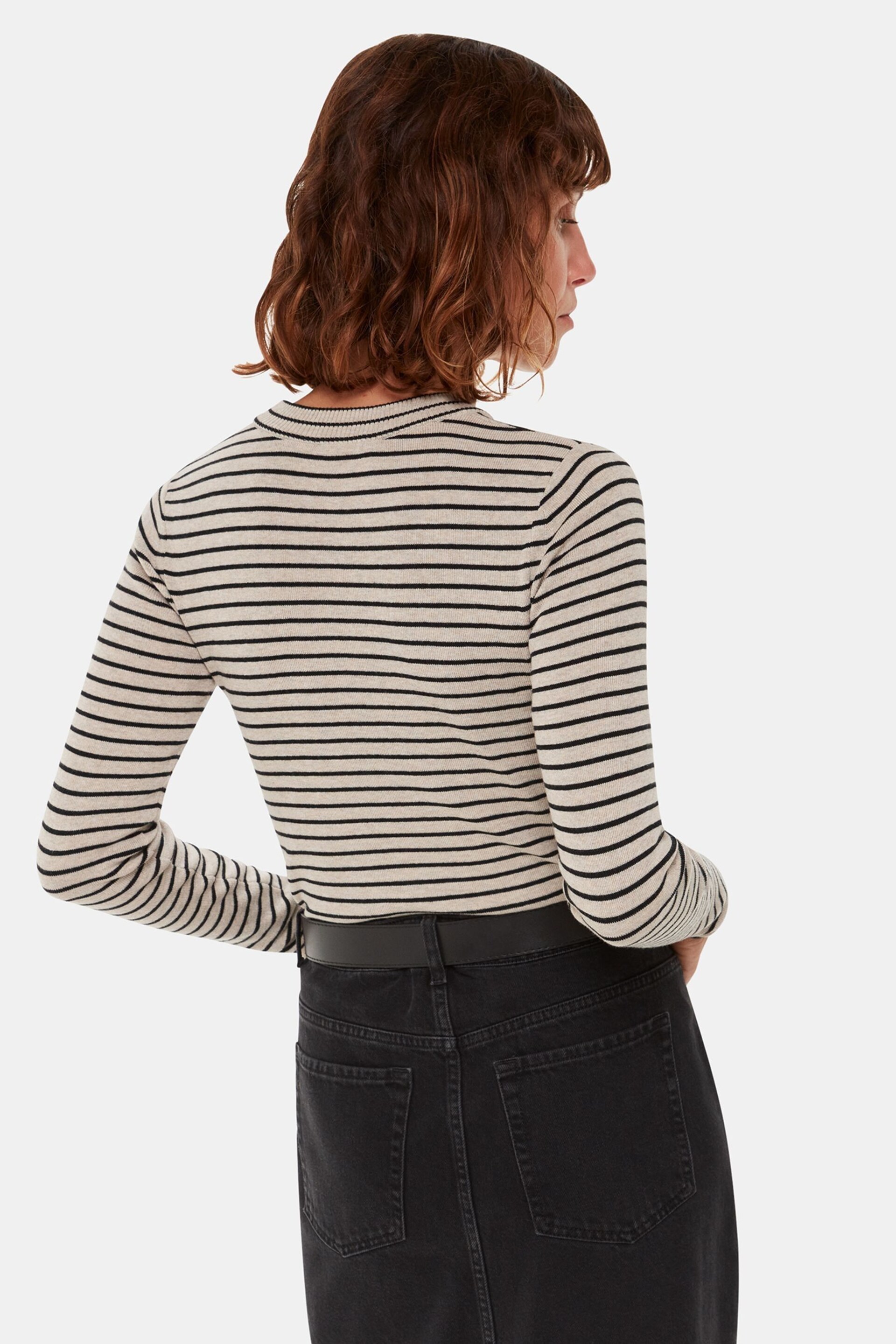 Whistles Fine Crew Stripe Knit Black Jumper - Image 2 of 5