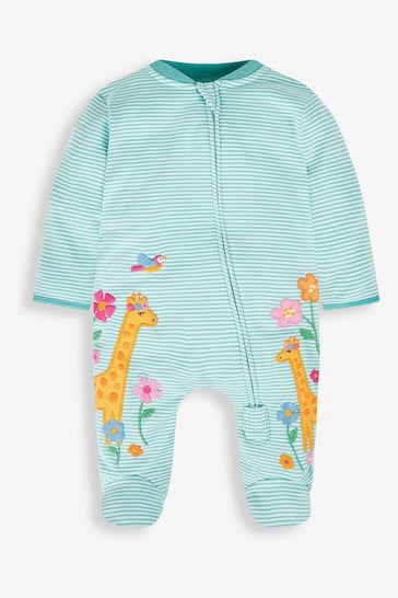 JoJo Maman Bébé Blue Giraffe Appliqué Zip Cotton Baby Sleepsuit