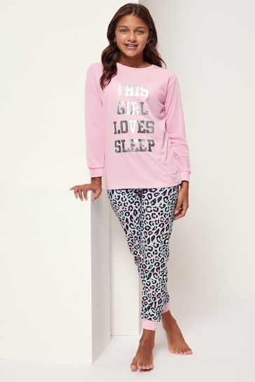 Harry Bear Pink Leopard Sleep Slogan Pyjamas
