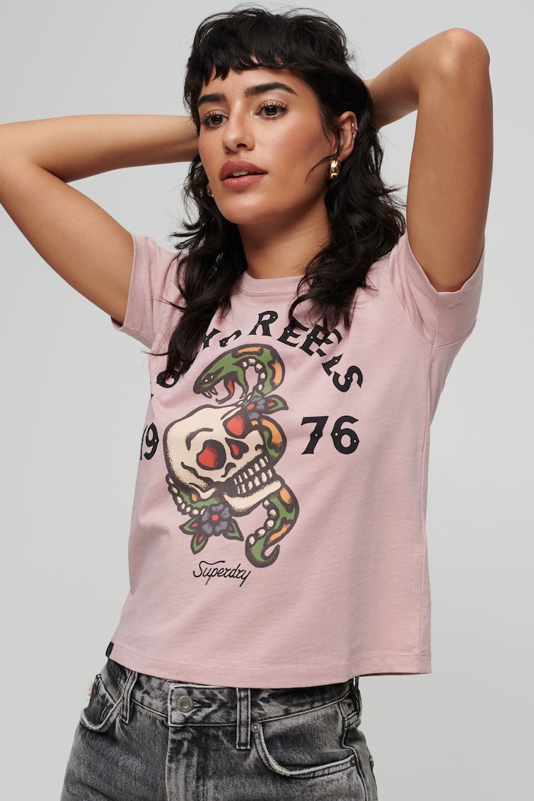 Superdry Pink Tattoo Graphic 90s Fit T-Shirt - Image 1 of 6