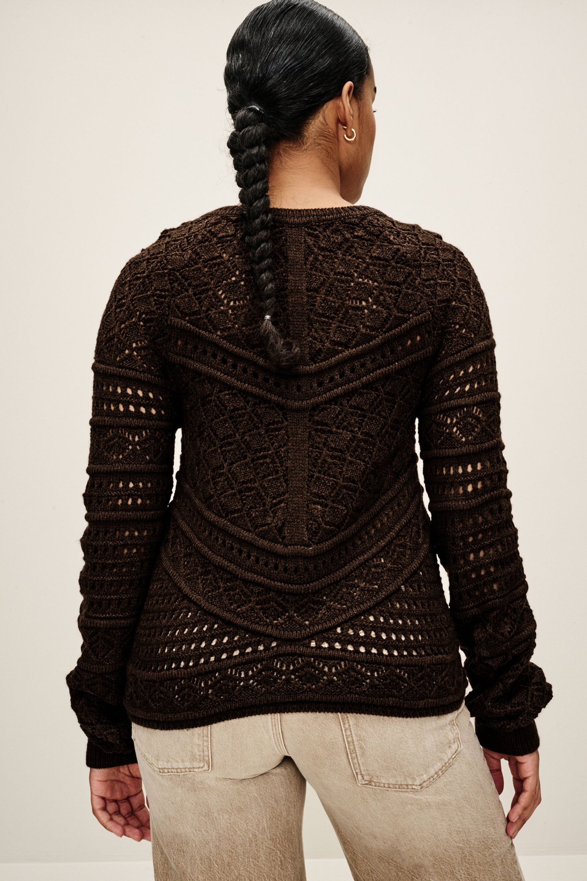 Brown Crochet Crew Neck Long Sleeve Jumper - Image 3 of 5