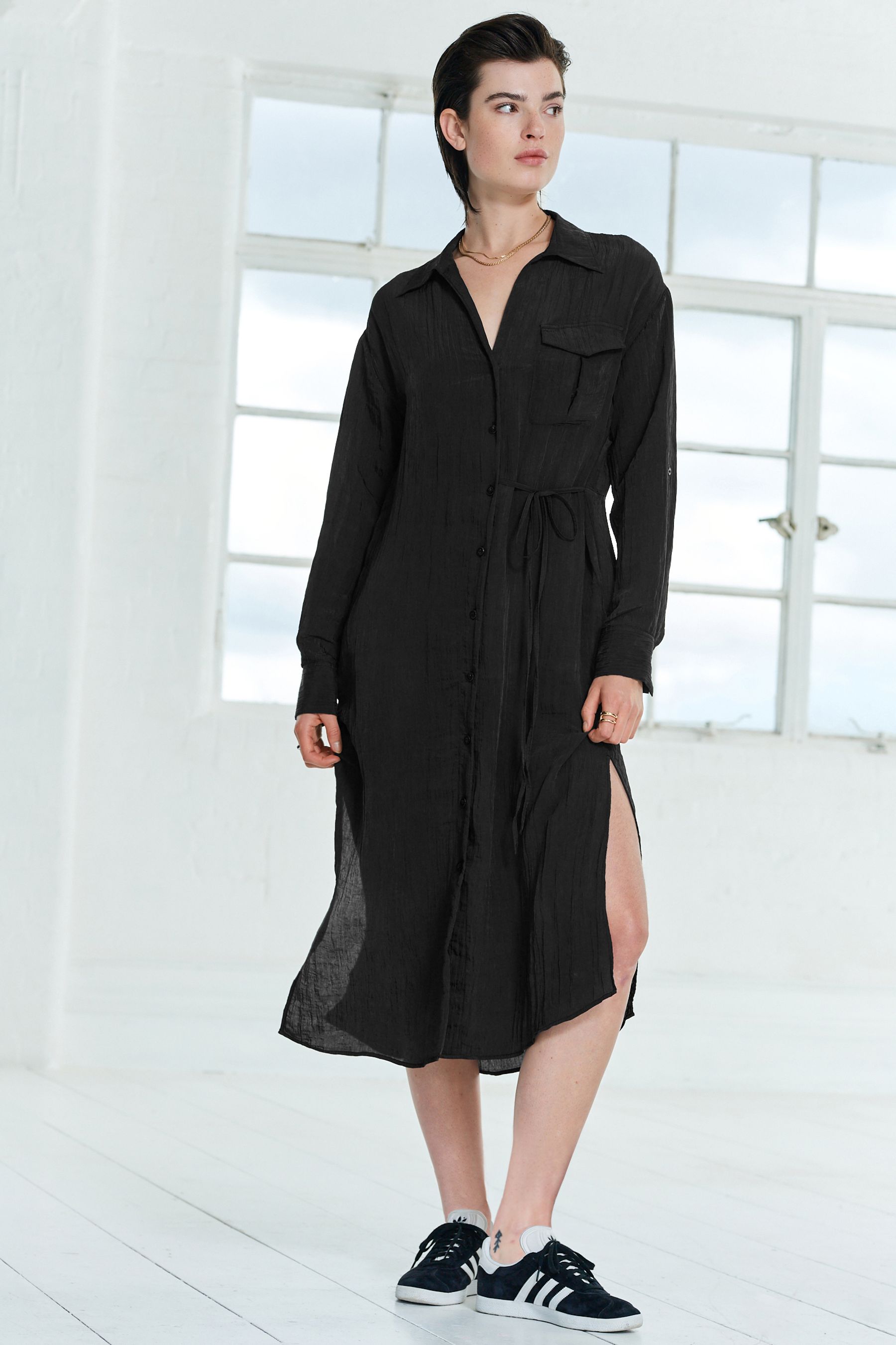 Buy Black Tie Front Long Sleeve Textured Utility Shirt Dress from Next Germany