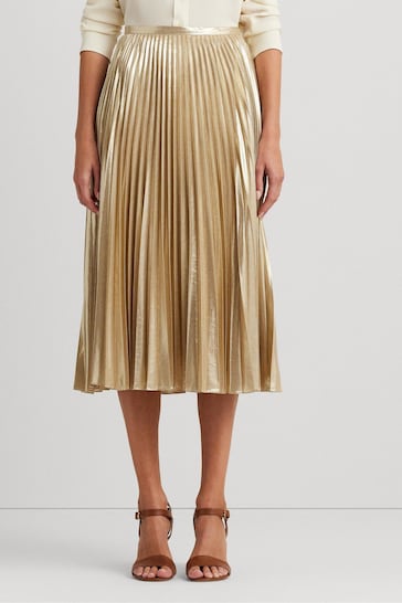 Lauren Ralph Lauren Gold Suzu Pleated Metallic Chiffon Skirt