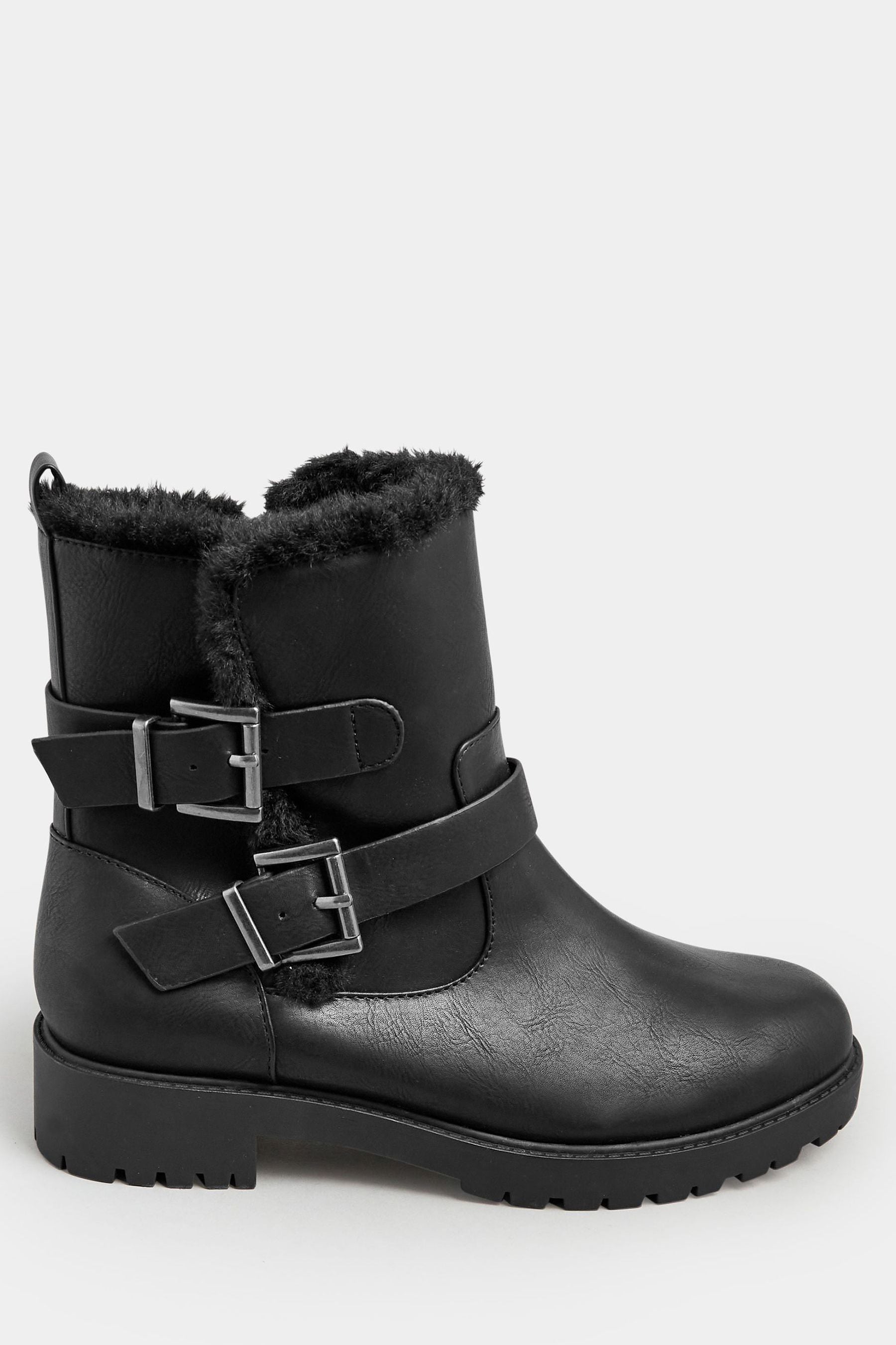 Yours Curve Black Extra Wide Fit Faux Fur Biker Boots