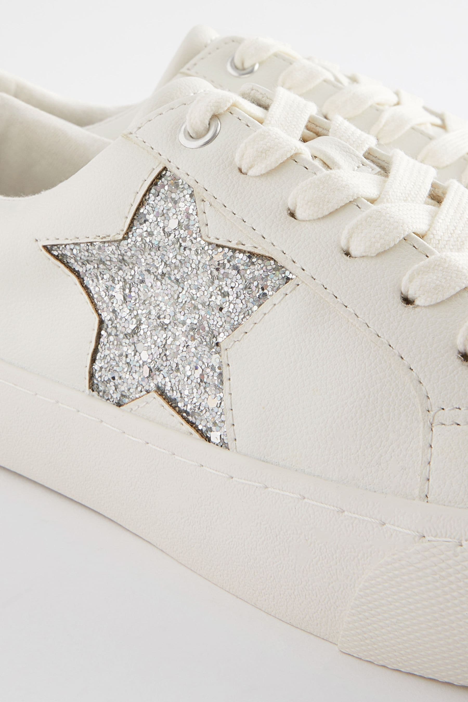 White Silver Forever Comfort Patent Chunky Star Lace Up Trainers