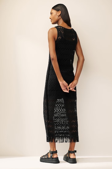 Black Crochet Fringe Midi Sleeveless Dress