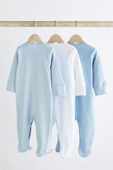 Blue/White 3 Pack Cotton Baby Sleepsuits (0-2yrs)