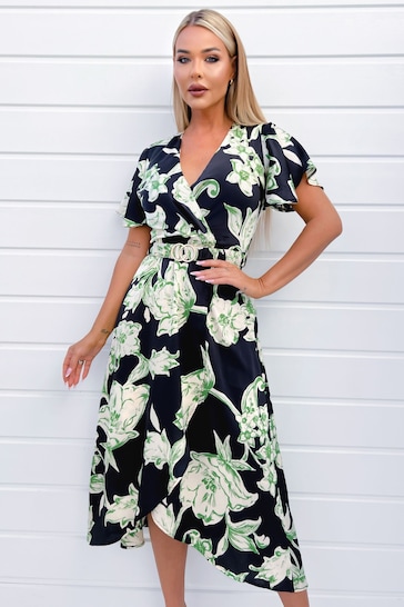 AX Paris Green Floral Printed Short Sleeve Belted Wrap Midi Dress