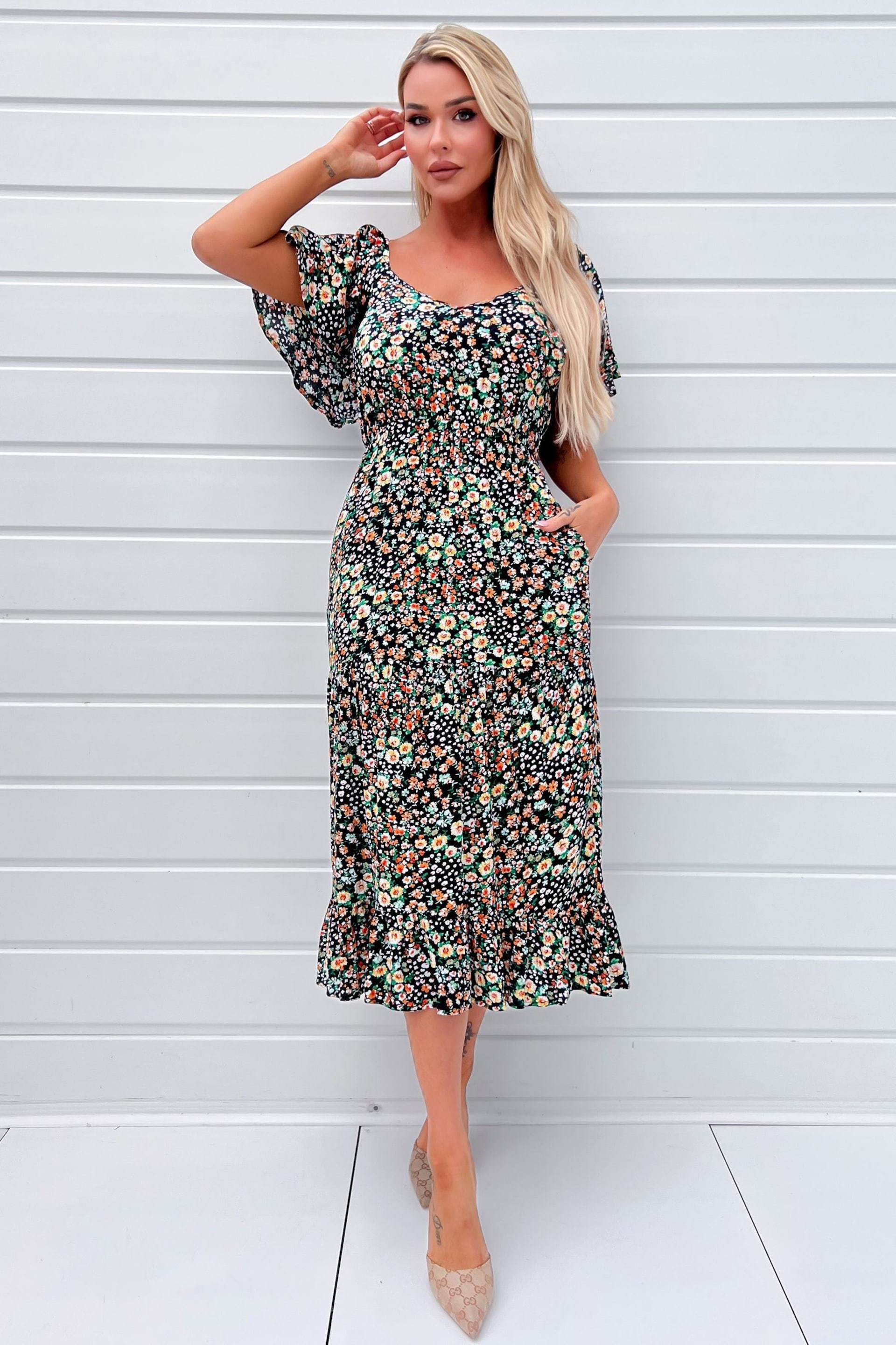 AX Paris Multi Ditzy Printed Flutter Sleeve Midi Dress - Image 1 of 4