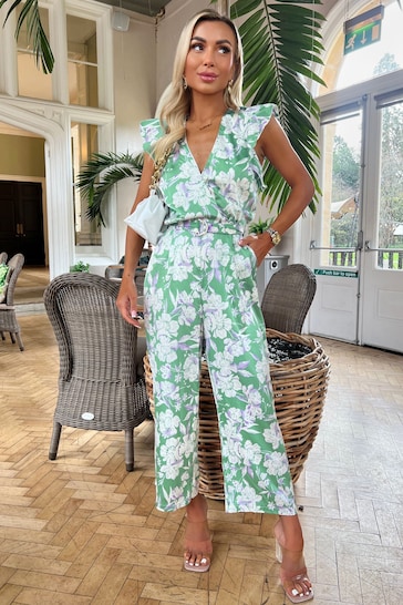 AX Paris Green Printed Wrap Front Frill Sleeve Belted Jumpsuit