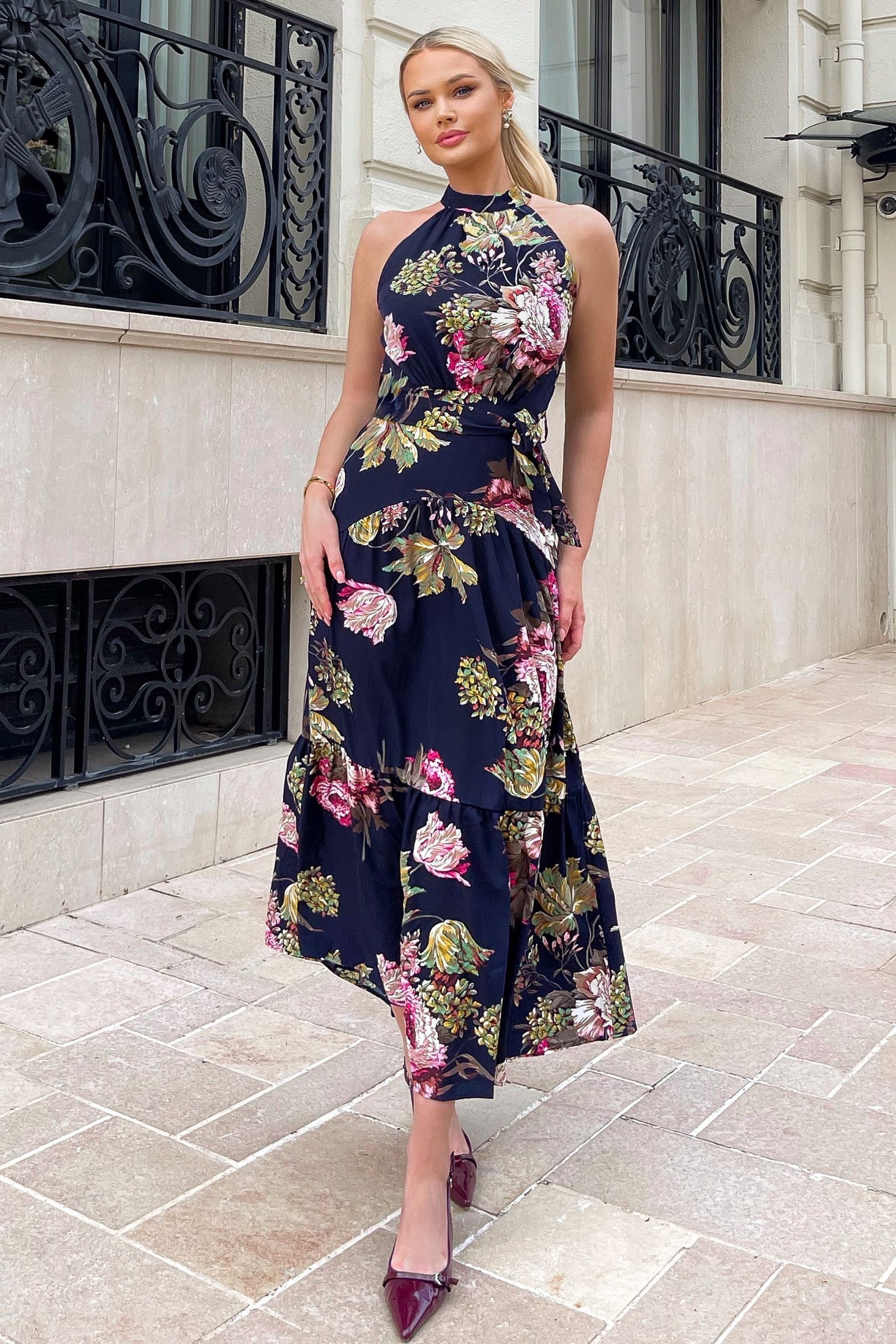 High neck tie dress clearance