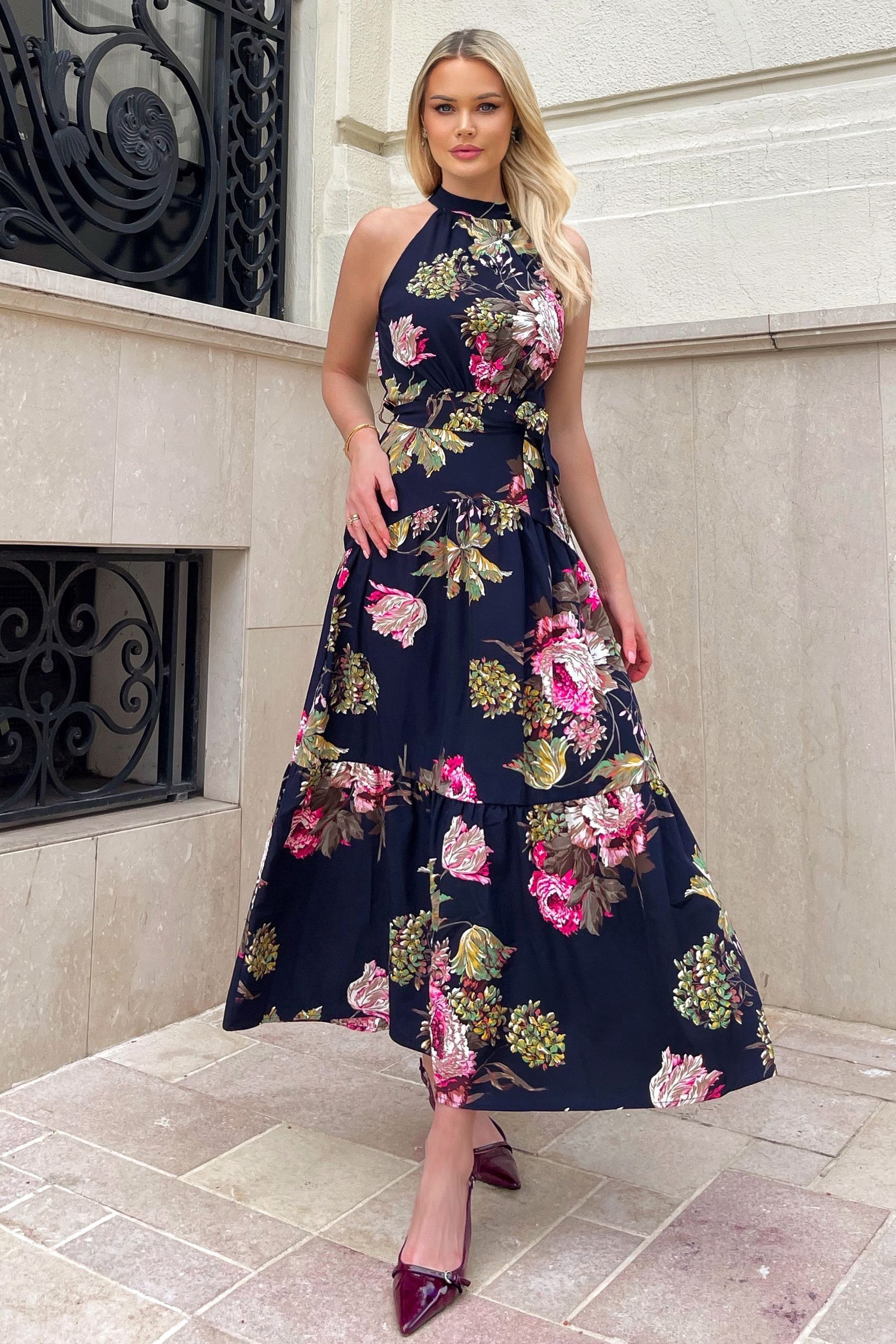 Buy AX Paris Blue Floral Printed High Neck Tie Belt Midi Dress