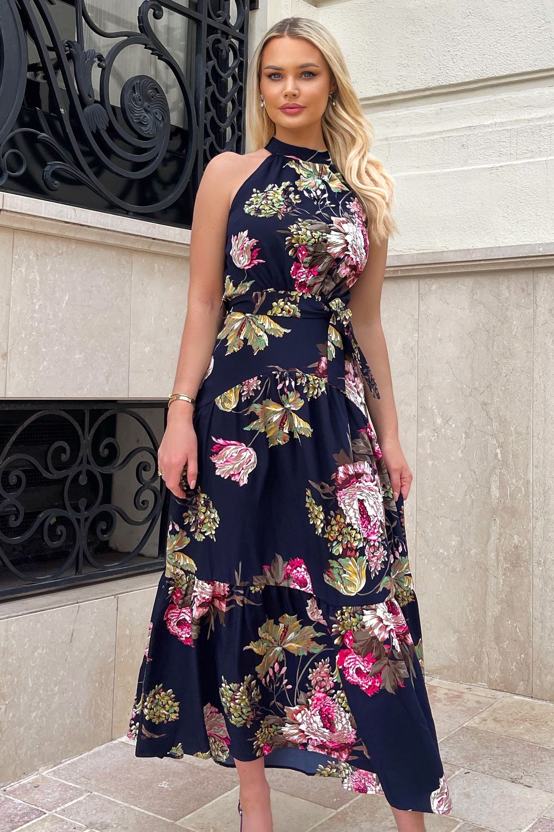 Buy AX Paris Blue Floral Printed High Neck Tie Belt Midi Dress from the Next UK online shop