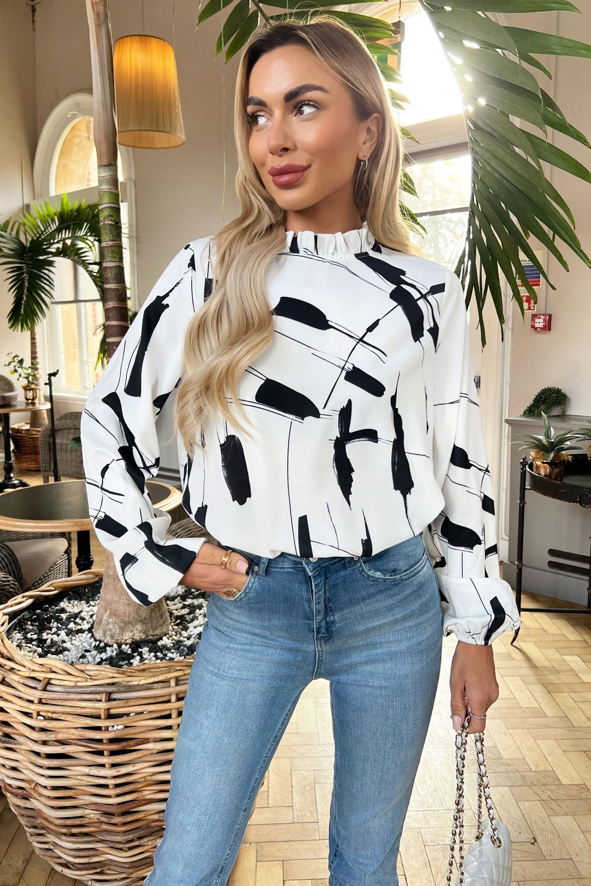 Black And White Printed High Neck Long Sleeve Top - Image 1 of 4