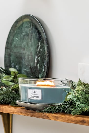 Woodwick Blue Ellipse Evergreen Cashmere Scented Jar Candle