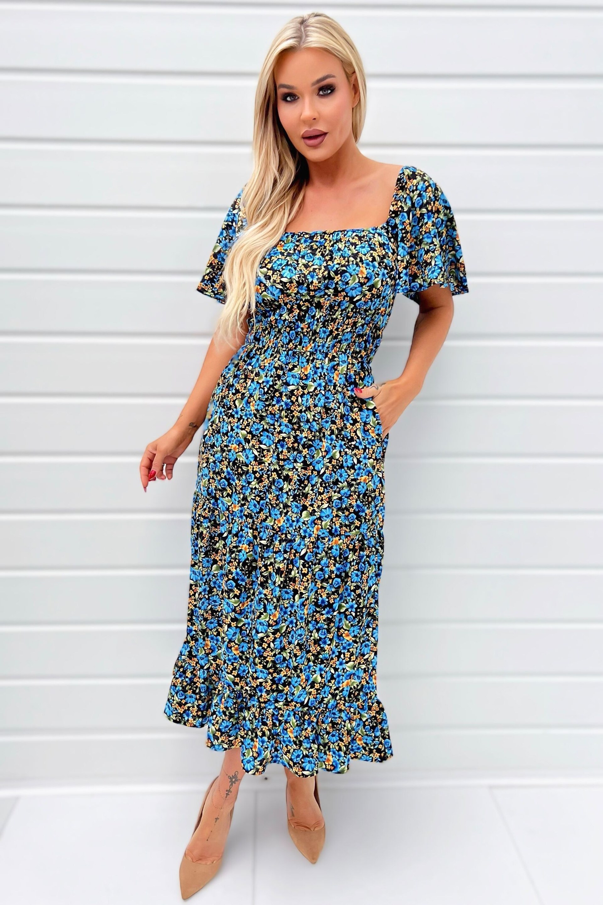 AX Paris Multi Ditzy Printed Flutter Sleeve Midi Dress - Image 1 of 4