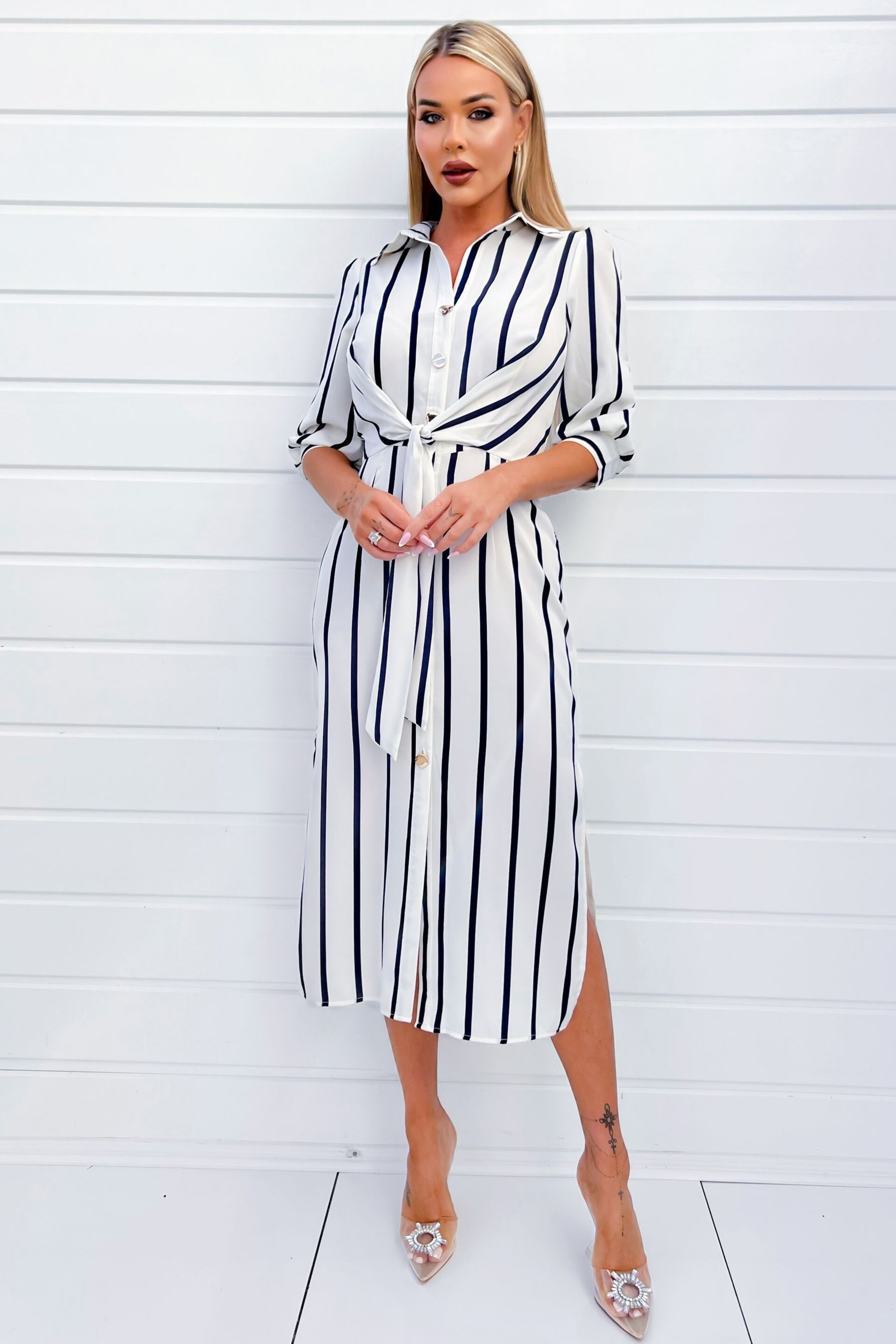 AX Paris Cream Striped Button Up 3/4 Sleeve Midi Dress - Image 1 of 4