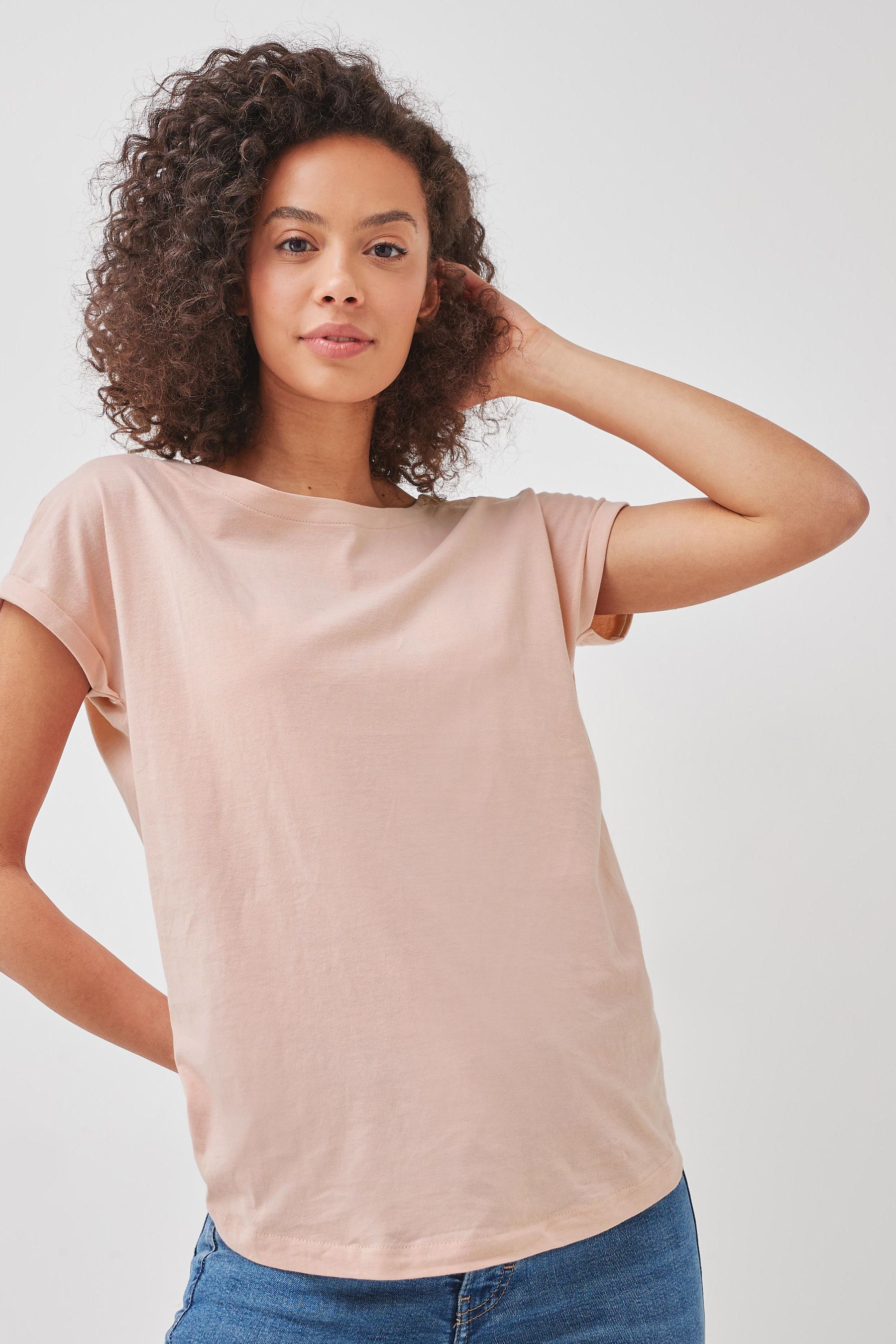 Light Pink Round Neck Cap Sleeve T Shirt