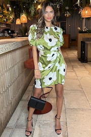 AX Paris Mini Green Floral Printed Short Puff Sleeve Gathered Side Dress - Image 4 of 4
