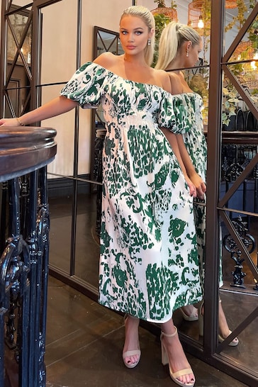 AX Paris Green Printed Elasticated Waist Bardot Midi Dress