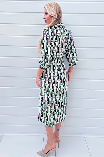 AX Paris Green Geometric Multi Printed 3/4 Cuffed Sleeve Wrap Tie Midi moorea Dress