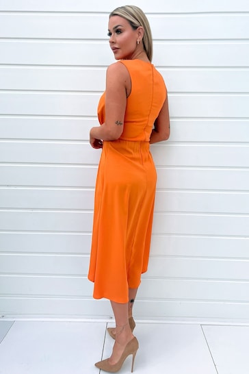 AX Paris Orange Gathered Midi Dress With Shoulder Pads