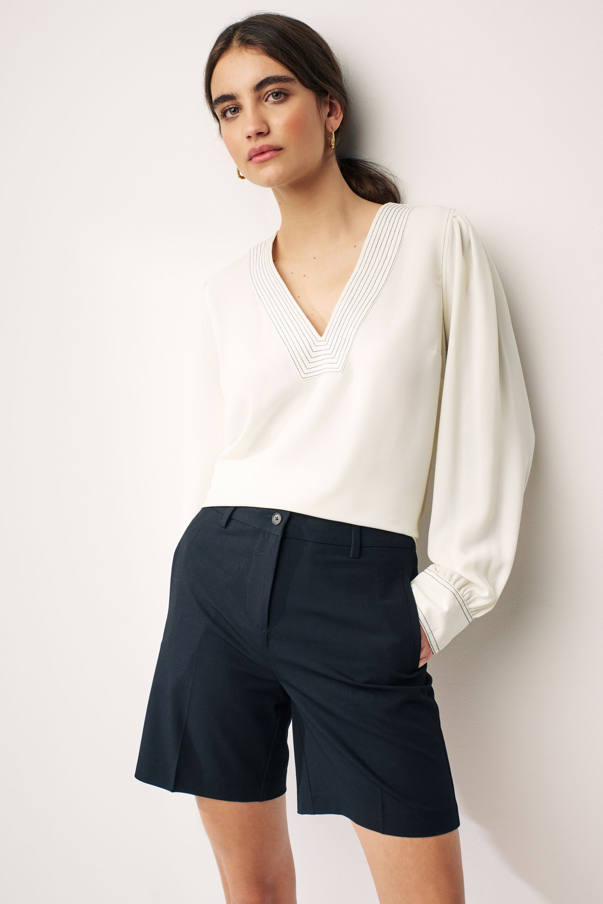 Ecru Cream V-Neck Contrast Stitch Long Sleeve Blouse - Image 1 of 6