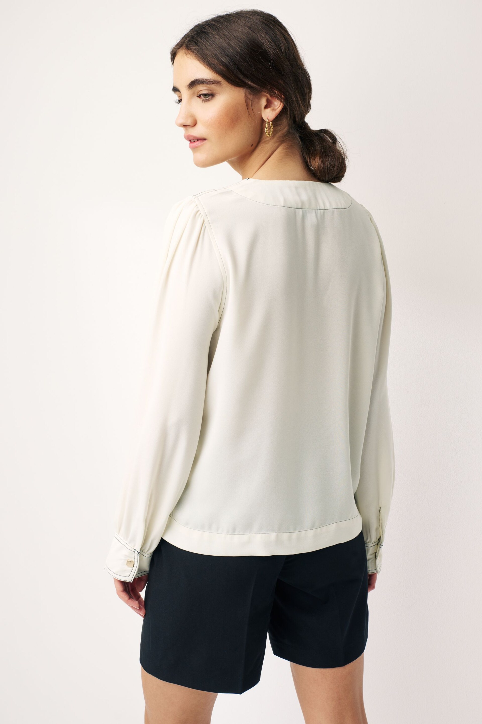 Ecru Cream V-Neck Contrast Stitch Long Sleeve Blouse - Image 4 of 6