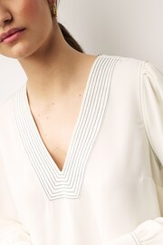 Ecru Cream V-Neck Contrast Stitch Long Sleeve Blouse - Image 5 of 7