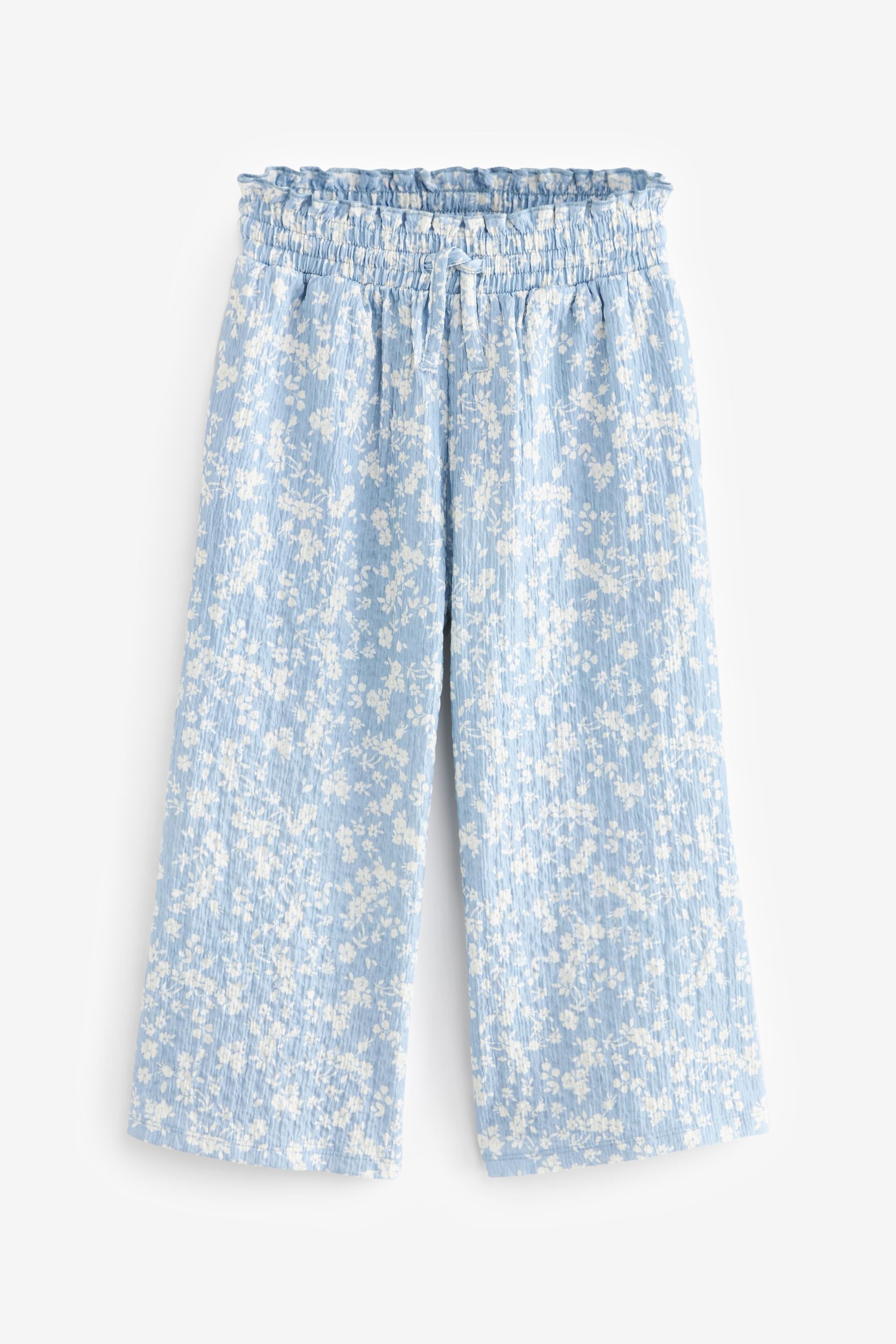 Blue/ White Floral Print Crinkle Texture Jersey Wide Leg Trousers (3-16yrs) - Image 4 of 6
