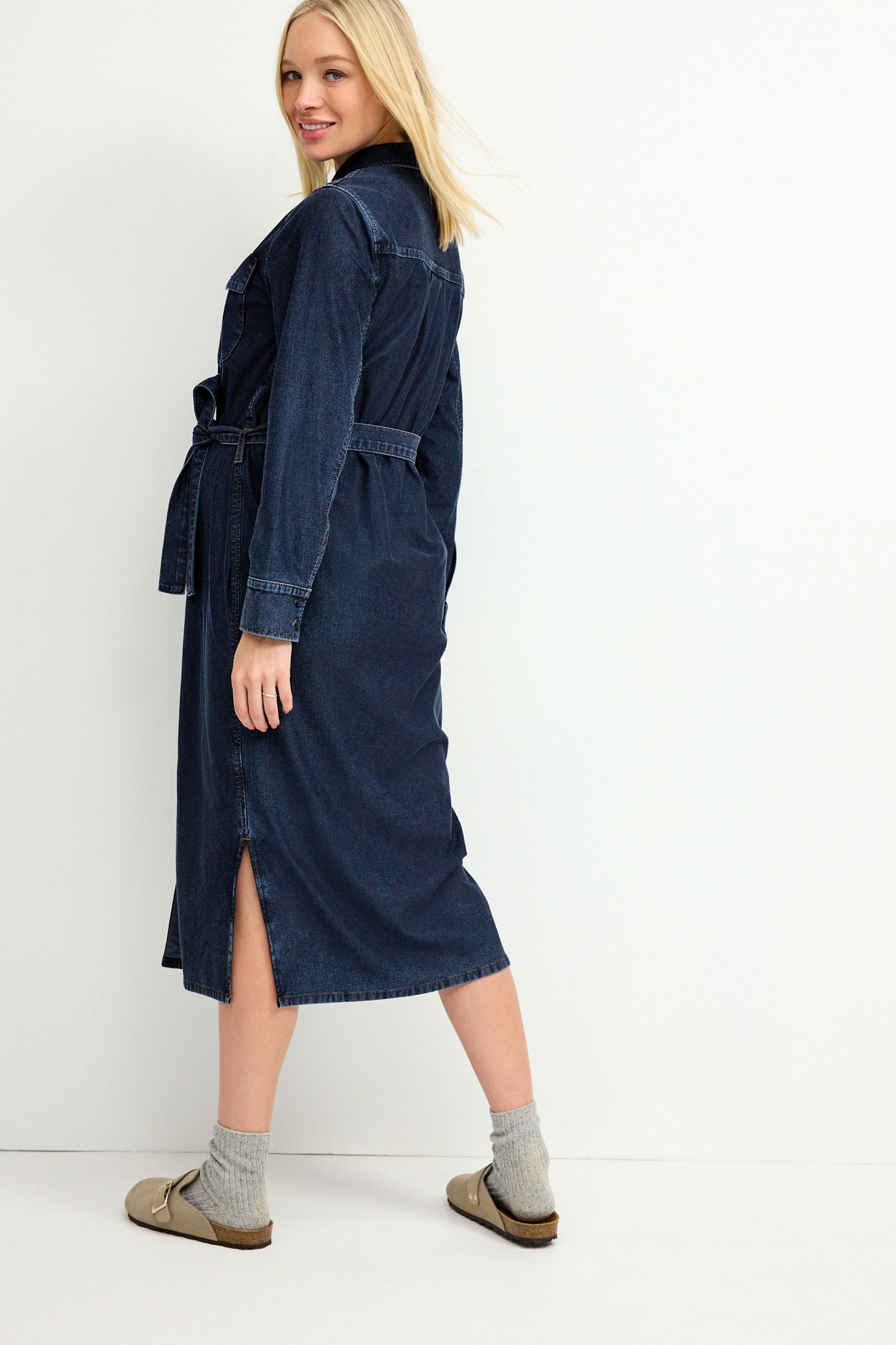 Buy Blue Maternity Longline Belted Denim Dress from Next Luxembourg