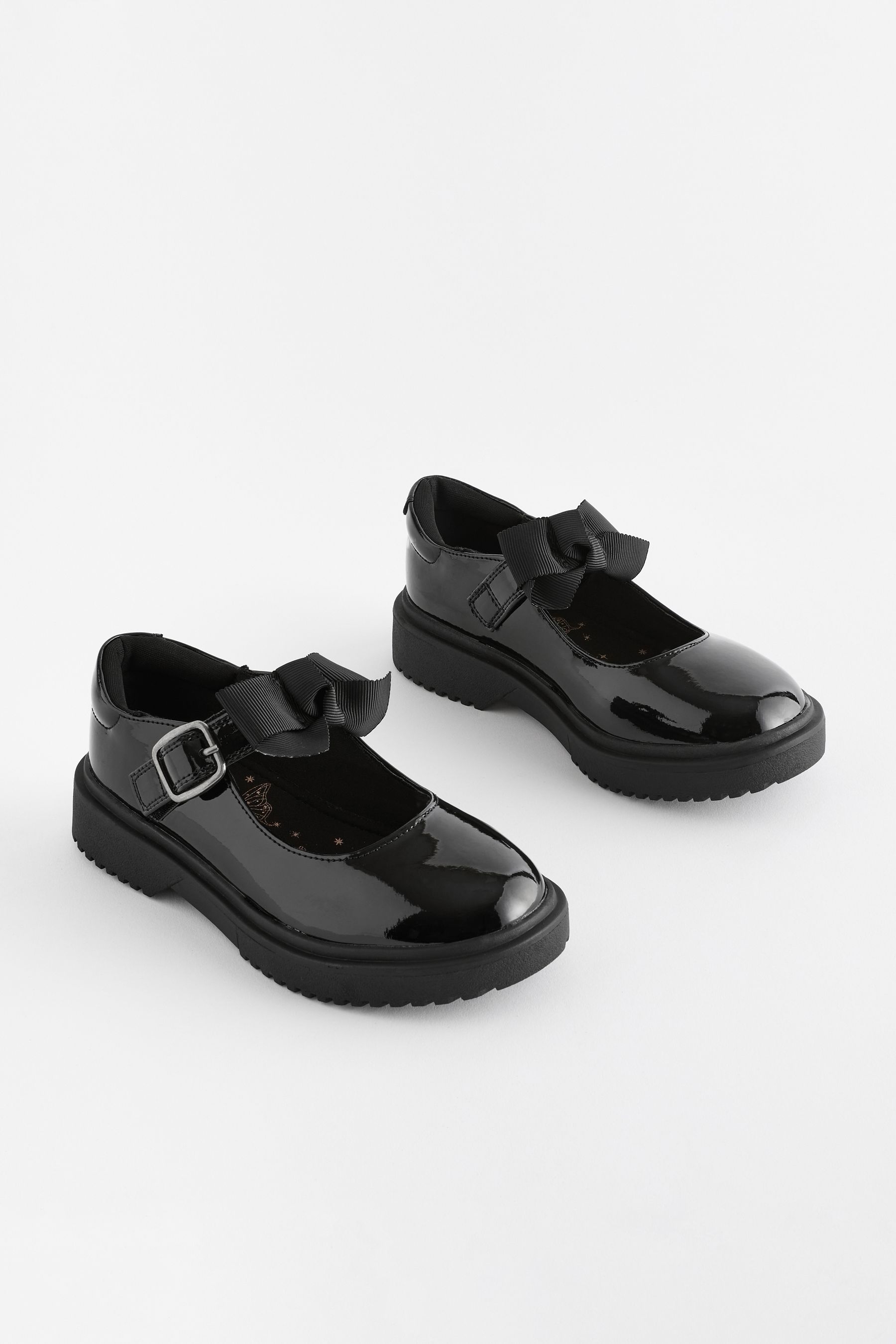 NEXT Black Patent Wide Fit G Bow Chunky Mary Jane School Shoes us135 Girls