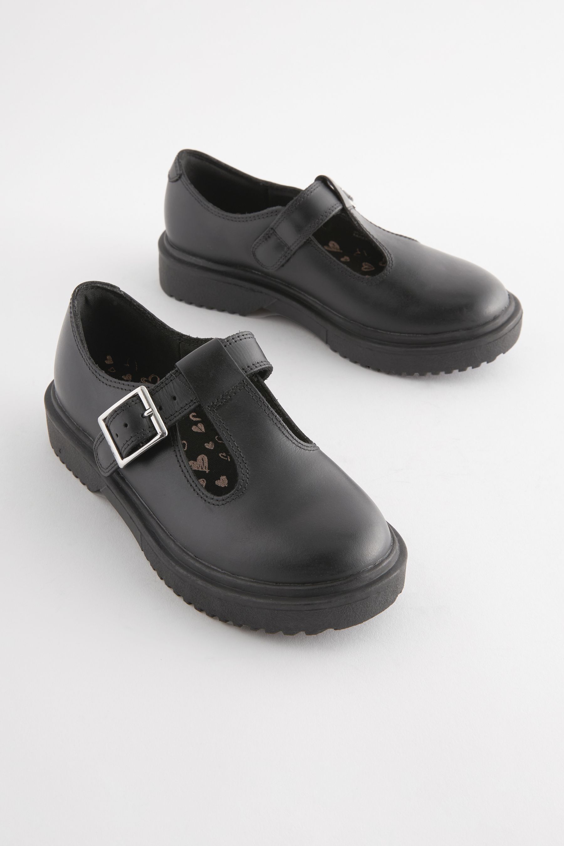 NEXT Matt Black Leather T Bar Chunky School Shoes us11 Girls