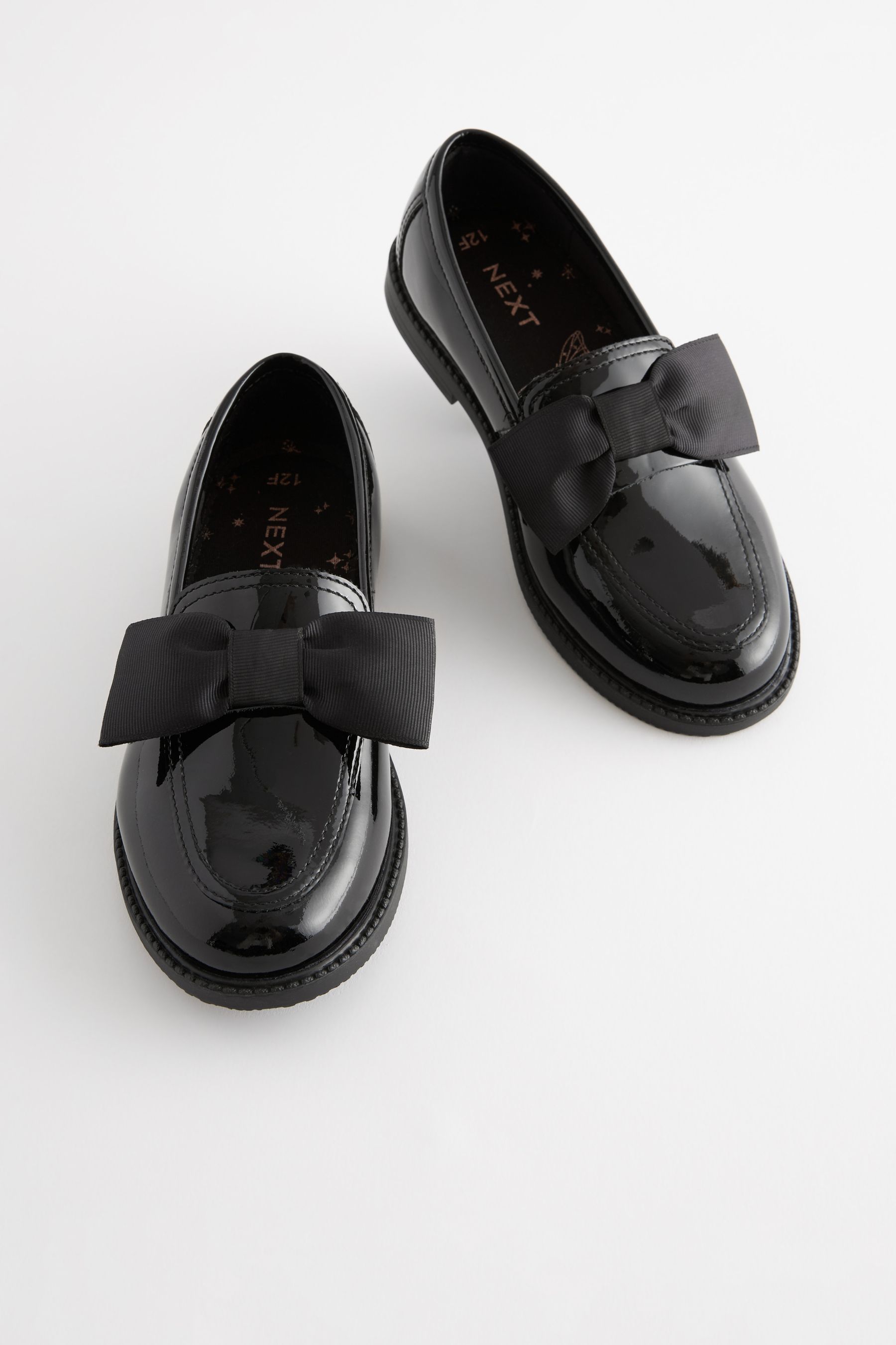 NEXT Black Patent Standard Fit F Leather Bow Loafer School Shoes us3 Girls