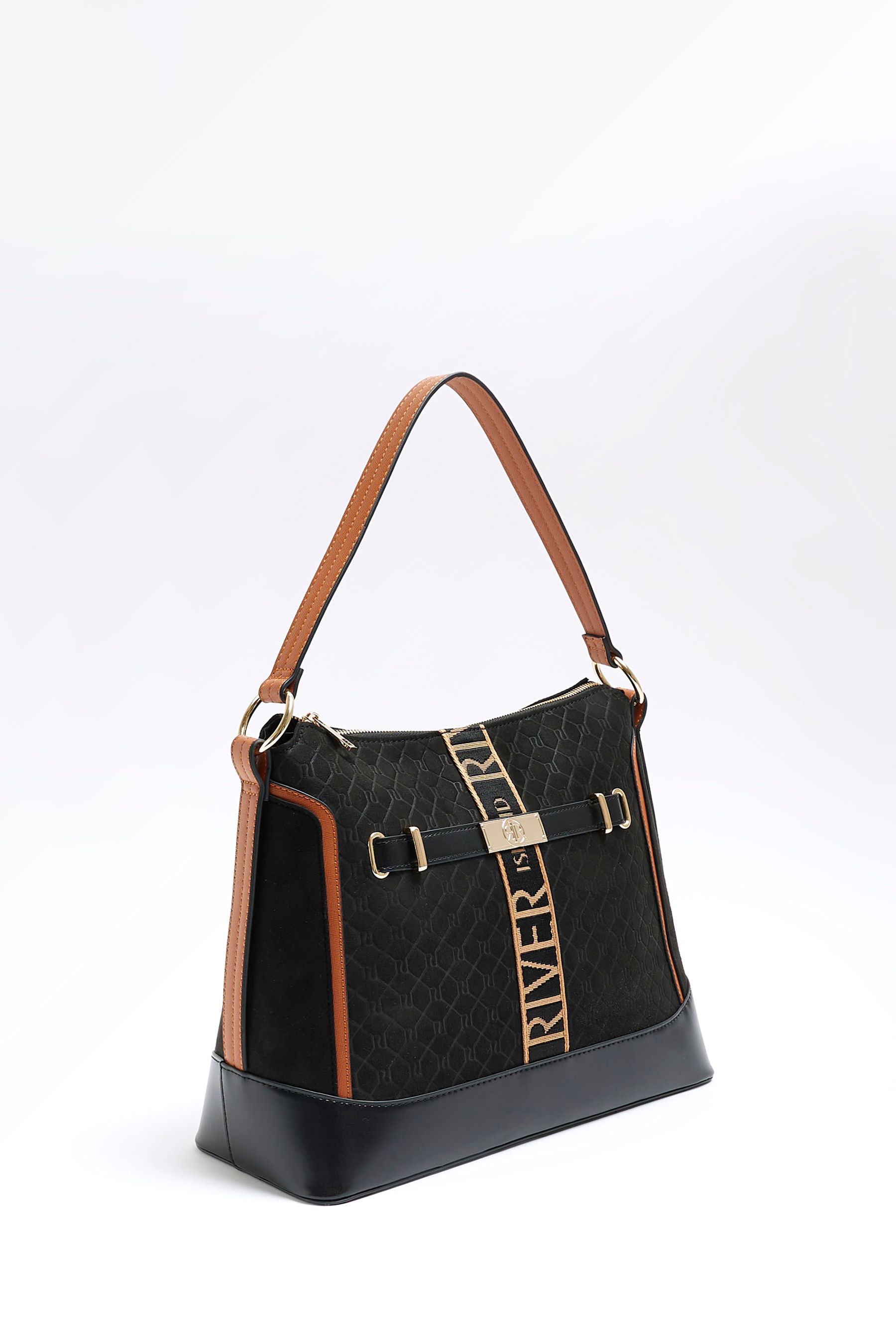 River Island Black Webbing Front Slouch Bag